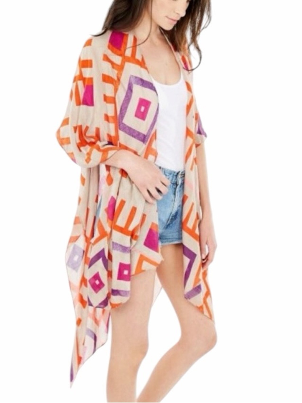 Michael Stars Geometric Kimono Cardigan Orange Purple Boho Lightweight One Size
